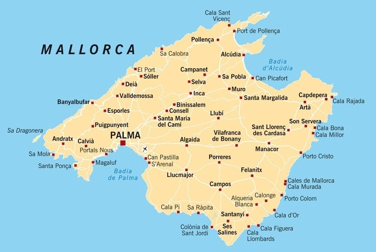 Karte mit Orten auf Mallorca